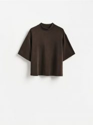 T-shirt z dodatkiem modalu - ciemnobrązowy. Brązowe t-shirty damskie Reserved, l, bez wzorów, z dzianiny, bez kołnierzyka. Za 89.99 zł.