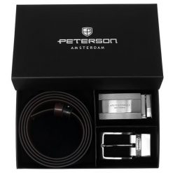 Zestaw prezentowy: dwustronny pasek skórzany w brązowym i czarnym kolorze Peterson PTN KL-B007S001. Brązowe paski męskie Peterson, bez wzorów, ze skóry, eleganckie. Za 139.99 zł.