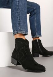 Czarne Botki na Obcasie w Stylu Kowbojek Ozdobione Przeszyciami Mazifra. Czarne botki damskie Born2be, z jeansu, eleganckie, bez obcasa, na obcasie, bez zapięcia. Za 139.99 zł.