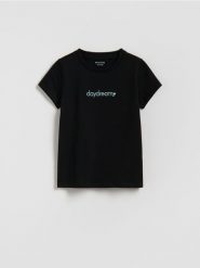 T-shirt z haftem - czarny. Czarne koszulki dziewczęce Reserved, bez wzorów, z bawełny, bez ramiączek. Za 19.99 zł.