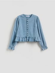 Jeansowa marynarka w groszki - niebieski. Niebieskie marynarki i żakiety damskie Reserved, l, bez wzorów, z denimu. Za 129.99 zł.
