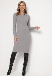 Szara Dopasowana Sukienka Sweterkowa z Modalem i Wiskozą Ozdobiona Kołnierzykiem Seanelora. Szare sukienki damskie Born2be, do pracy, l, bez wzorów, z dzianiny, biznesowe, bez kołnierzyka, bez ramiączek, midi, dopasowane. Za 59.99 zł.
