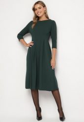 Ciemnozielona Rozkloszowana Sukienka Ozdobiona Przeszyciami Reamira. Zielone sukienki damskie Born2be, na co dzień, s, bez wzorów, eleganckie, bez kołnierzyka, bez ramiączek, midi, rozkloszowane. W wyprzedaży za 95.99 zł.