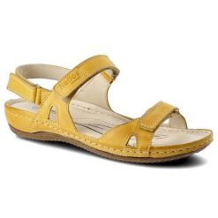 Żółte Sandały Helios Damskie Wygodne Buty Letnie. Żółte sandały damskie Helios, bez wzorów, ze skóry, bez obcasa. Za 175.00 zł.