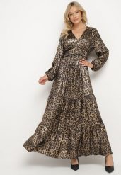 Czarno-Złota Rozkloszowana Sukienka w Panterkę z Falbanami i Gumką w Talii Tinnetra. Czarne sukienki damskie Born2be, na co dzień, z aplikacjami, eleganckie, bez kołnierzyka, bez ramiączek, kopertowe. Za 104.99 zł.