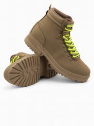 Zimowe buty męskie trekkingowe z kontrastowymi sznurówkami - brązowe V2 OM-FOBO-0132 - 45. Brązowe buty trekkingowe męskie Ombre Clothing, na zimę, z materiału, bez zapięcia. W wyprzedaży za 99.99 zł.