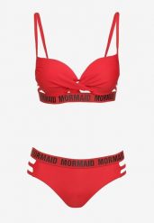 Czerwone Bikini z Supełkiem na Biustonoszu z Ozdobnymi Paseczkami i Napisami Bibalia. Czerwone bikini damskie Renee, bez wzorów. Za 49.99 zł.