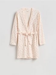 Wzorzysty szlafrok z paskiem - kremowy. Białe szlafroki damskie Reserved, l, bez wzorów, z bawełny. Za 119.99 zł.