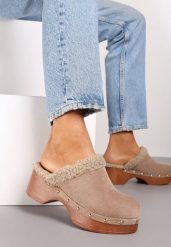 Ciemnobeżowe Futerkowe Klapki Mule na Platformie Ozdobione Ćwiekami Crelina. Brązowe klapki damskie Renee, bez wzorów, z jeansu, bez obcasa, na obcasie. Za 64.99 zł.