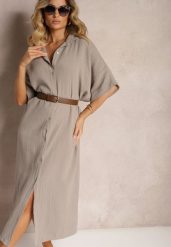Ciemnobeżowa Muślinowa Sukienka z Bawełny o Pudełkowym Kroju Vimaristta. Brązowe sukienki damskie Renee, bez wzorów, z bawełny, eleganckie, bez kołnierzyka, bez ramiączek, maxi. W wyprzedaży za 104.99 zł.