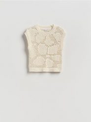 Ażurowa kamizelka - kremowy. Białe kamizelki damskie Reserved, l, z bawełny. Za 119.99 zł.