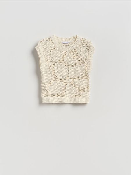 Ażurowa kamizelka - kremowy. Białe kamizelki damskie Reserved, l, z bawełny. Za 119.99 zł.