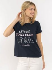 Zwillingsherz Koszulka "Yoga Club" w kolorze granatowym rozmiar: L. Niebieskie bluzki damskie Zwillingsherz, l, bez wzorów, z bawełny, bez kołnierzyka, bez ramiączek. Za 113.90 zł.