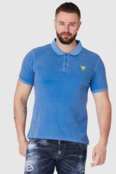 GUESS Niebieska koszulka polo z żółtym logo. Niebieskie koszulki polo męskie Guess, m, z aplikacjami, bez ramiączek. W wyprzedaży za 159.99 zł.