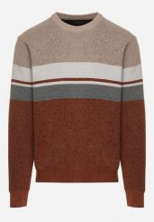 Beżowy Sweter z Wełną z Eleganckim Kołnierzykiem Koszulowym Espalea. Brązowe swetry męskie Born2be, l, z aplikacjami, z dzianiny, bez kołnierzyka. Za 89.99 zł.