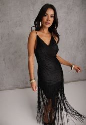 Czarna Sukienka Koktajlowa na Ramiączkach Zdobiona Frędzlami Wilinsia. Czarne sukienki damskie Renee, na imprezę, l, z aplikacjami, boho, bez kołnierzyka, bez ramiączek, maxi, dopasowane. Za 259.99 zł.