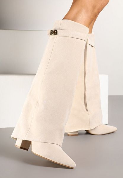 Beżowe Kozaki na Słupku z Wywiniętą Cholewką Gafsena. Brązowe kozaki damskie Born2be, z jeansu, bez obcasa, na obcasie. Za 129.99 zł.