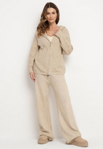 Beżowy Komplet z Wełną i Bawełną Szerokie Spodnie i Rozpinana Bluzka z Kapturem Reikania. Brązowe spodnie materiałowe damskie Born2be, bez wzorów, z bawełny, casualowe. Za 139.99 zł.