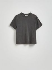 T-shirt regular z efektem sprania - ciemnoszary. Szare t-shirty damskie Reserved, l, bez wzorów, z bawełny, bez kołnierzyka. W wyprzedaży za 39.99 zł.