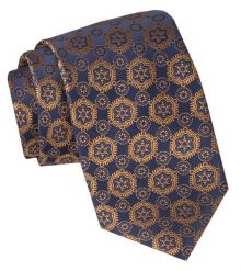 Męski Krawat - Alties - Żółtozłoty Wzór, Granatowe Tło. Żółte krawaty i muchy męskie Alties, bez wzorów, z tkaniny, eleganckie. Za 49.00 zł.