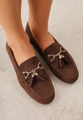 Jasnobrązowe Mokasyny VICES z Modnymi Chwostami z Imitacji Zamszu z Wkładką z Naturalnej Skóry Calirea. Brązowe mokasyny damskie Born2be, z jeansu. Za 89.99 zł.