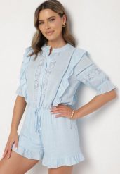Jasnoniebieski Kombinezon z Lnu i Wiskozy w Stylu Boho z Falbankami i Koronką Linalisse. Niebieskie kombinezony damskie Born2be, m, bez wzorów, z koronki, boho, bez kołnierzyka, bez ramiączek. Za 159.99 zł.