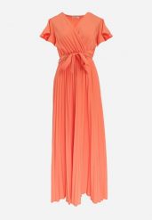 Pomarańczowa Elegancka Sukienka Maxi w Plisy z Kopertowym Dekoltem i Wiązaniem Thessi. Brązowe sukienki damskie Born2be, na lato, m, bez wzorów, eleganckie, bez kołnierzyka, bez ramiączek, maxi, kopertowe. W wyprzedaży za 71.99 zł.