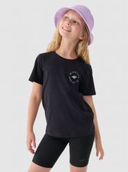 4F T-shirt z nadrukiem dziewczęcy - czarny 122 (6-7 lat). Czarne koszulki dziewczęce 4f, bez wzorów, z bawełny, bez ramiączek. W wyprzedaży za 19.99 zł.