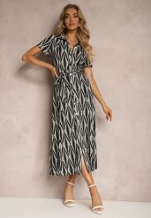 Czarna Koszulowa Sukienka z Materiałowym Paskiem i Guzikami z Geometrycznym Printem Usklea. Czarne sukienki damskie Renee, na lato, l, bez wzorów, z dzianiny, bez kołnierzyka, bez ramiączek, maxi, koszulowe. W wyprzedaży za 132.99 zł.