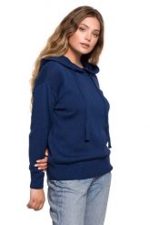 Sweter z Kapturem w Formie Bluzy - Granatowy. Niebieskie swetry klasyczne damskie MOE, l, z bawełny, bez kołnierzyka. Za 238.90 zł.