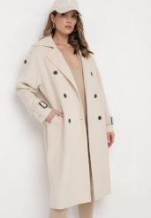 Jasnobeżowy Dwurzędowy Płaszcz z Paskiem Haleri. Brązowe płaszcze damskie Born2be, m, bez wzorów, eleganckie. Za 269.99 zł.