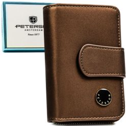 Portfel damski ze skóry naturalnej i ekologicznej w brązowym kolorze, wyposażony w system RFID - Peterson. Brązowe portfele damskie Peterson, bez wzorów, ze skóry. Za 115.99 zł.