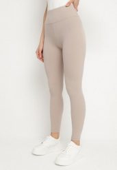 Beżowe Prążkowane Legginsy z Szeroką Gumką w Talii Lanessiel. Brązowe legginsy damskie Born2be, l, bez wzorów, z jeansu. Za 39.99 zł.