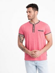 T-shirt męski henley z ozdobnymi ściągaczami - czerwony V1 OM-TSCT-0175 - XXL. Czerwone t-shirty męskie Ombre Clothing, l, z aplikacjami, z elastanu, bez kołnierzyka. W wyprzedaży za 39.99 zł.