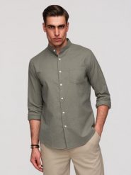 Męska koszula lniana ze stójką i kieszenią REGULAR FIT – khaki V6 - Rozmiar: M. Brązowe koszule męskie Ombre Clothing, na lato, m, bez wzorów, z bawełny, bez kołnierzyka, bez ramiączek. Za 229.99 zł.