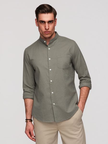 Męska koszula lniana ze stójką i kieszenią REGULAR FIT – khaki V6 - Rozmiar: M. Brązowe koszule męskie Ombre Clothing, na lato, m, bez wzorów, z bawełny, bez kołnierzyka, bez ramiączek. Za 229.99 zł.