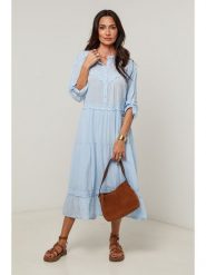 Le Monde du Lin Sukienka w kolorze błękitnym rozmiar: 38/40. Niebieskie sukienki damskie Le Monde du Lin, bez wzorów, z bawełny, bez kołnierzyka, bez ramiączek, midi. Za 165.99 zł.