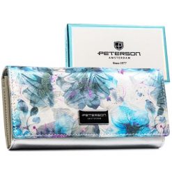 Elegancki, wielokolorowy portfel ze skóry ekologicznej i naturalnej zamykany zatrzaskiem PTN PX24-1-NPK Peterson. Niebieskie portfele damskie bez wzorów, ze skóry ekologicznej. Za 124.99 zł.