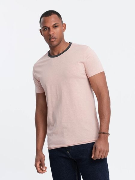 Męski t-shirt z surowym wykończeniem – różowy V5 - Rozmiar: XL. Czerwone t-shirty męskie Ombre Clothing, l, z aplikacjami, z bawełny, bez kołnierzyka. W wyprzedaży za 19.99 zł.