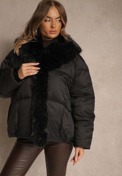 Czarna Oversizowa Kurtka z Pikowanymi Przeszyciami i Futrem Silvitila. Czarne kurtki damskie Renee, l, bez wzorów, z dzianiny, bez kaptura. Za 279.99 zł.
