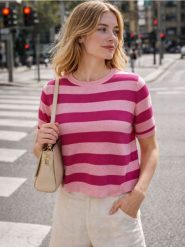 Sweter w paski z wiskozą - różowy. Czerwone swetry klasyczne damskie Sinsay, l, z wiskozy, bez kołnierzyka. Za 39.99 zł.