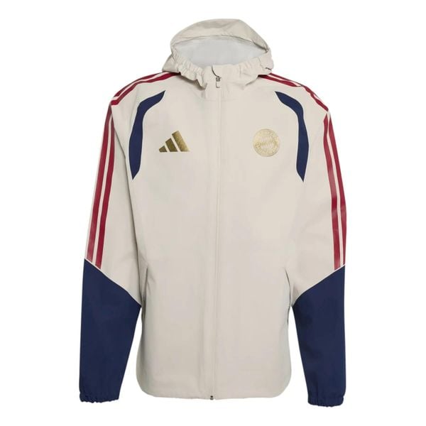 Kurtka wodoodporna Bayern Monachium 2026/27. Brązowe kurtki męskie Adidas, l, bez wzorów, z tkaniny, eleganckie, bez kaptura. Za 719.50 zł.