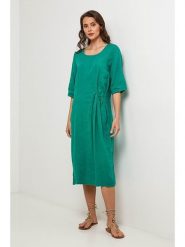 Lin Passion Lniana sukienka w kolorze zielonym rozmiar: 40/42. Zielone sukienki damskie Lin Passion, na co dzień, z aplikacjami, ze lnu, klasyczne, bez kołnierzyka, bez ramiączek, midi, proste. Za 173.99 zł.