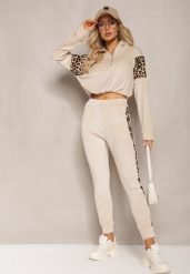 Beżowy Komplet Dresowy z Weluru z Krótką Bluzą i Spodniami Joggerami z Panterkowym Wzorem Limitta. Brązowe bluzy bez kaptura damskie Renee, m, z dresówki. Za 69.99 zł.