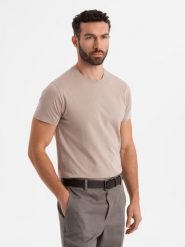 Klasyczny T-shirt męski bawełniany BASIC - piaskowy V11 OM-TSBS-0236 - XXL. T-shirty męskie Ombre Clothing, l, bez wzorów, z bawełny, bez kołnierzyka. W wyprzedaży za 39.99 zł.