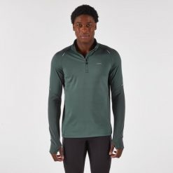 Bluza do biegania męska Kiprun Run 500 Warm ocieplana. Zielone bluzy bez kaptura męskie KIPRUN, m, z elastanu. Za 99.99 zł.