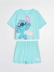 Bawełniana piżama dwuczęściowa z nadrukiem Stitch - zielony. Zielone piżamy damskie Sinsay, l, bez wzorów, z bawełny, bez ramiączek. Za 39.99 zł.