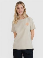 4F T-shirt oversize z nadrukiem damski - beżowy L. Brązowe t-shirty damskie 4f, l, bez wzorów, z bawełny, bez kołnierzyka. W wyprzedaży za 49.99 zł.
