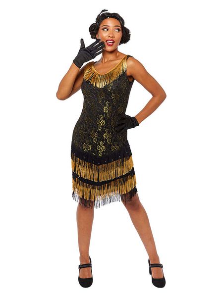 Amscan Sukienka kostiumowa "Charleston Diva" w kolorze złoto-czarnym rozmiar: XL. Czarne sukienki damskie AMSCAN, na karnawał, xl, bez wzorów, bez kołnierzyka, bez ramiączek. Za 104.99 zł.