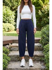 SOULSHAE Spodnie w kolorze granatowym rozmiar: 4XL. Niebieskie spodnie materiałowe damskie SOULSHAE, bez wzorów, z materiału, z podwyższonym stanem. Za 99.95 zł.